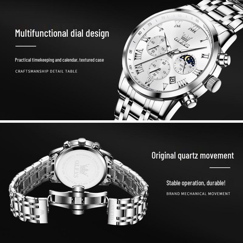 Oulishi Multifunctional Men's Waterproof Quartz Watch with Steel Band