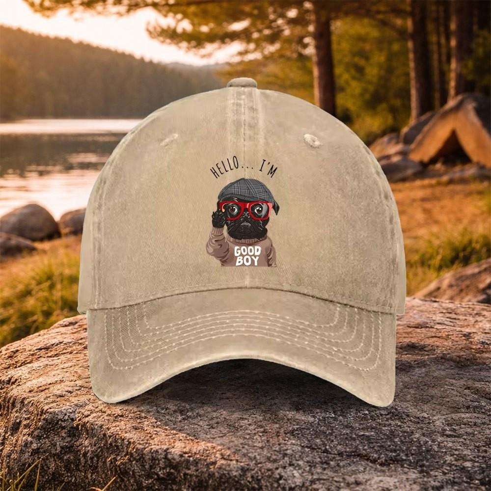 Hello Im Good Boy Dog Print Washed Baseball Cap Unisex Casual Outdoor Golf Cap for Daily Wear