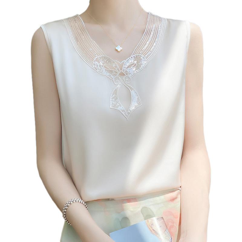 Summer Women's Silk Vest V-neck Mesh Splicing T-shirt Solid Colour Tops Sleeveless Vests