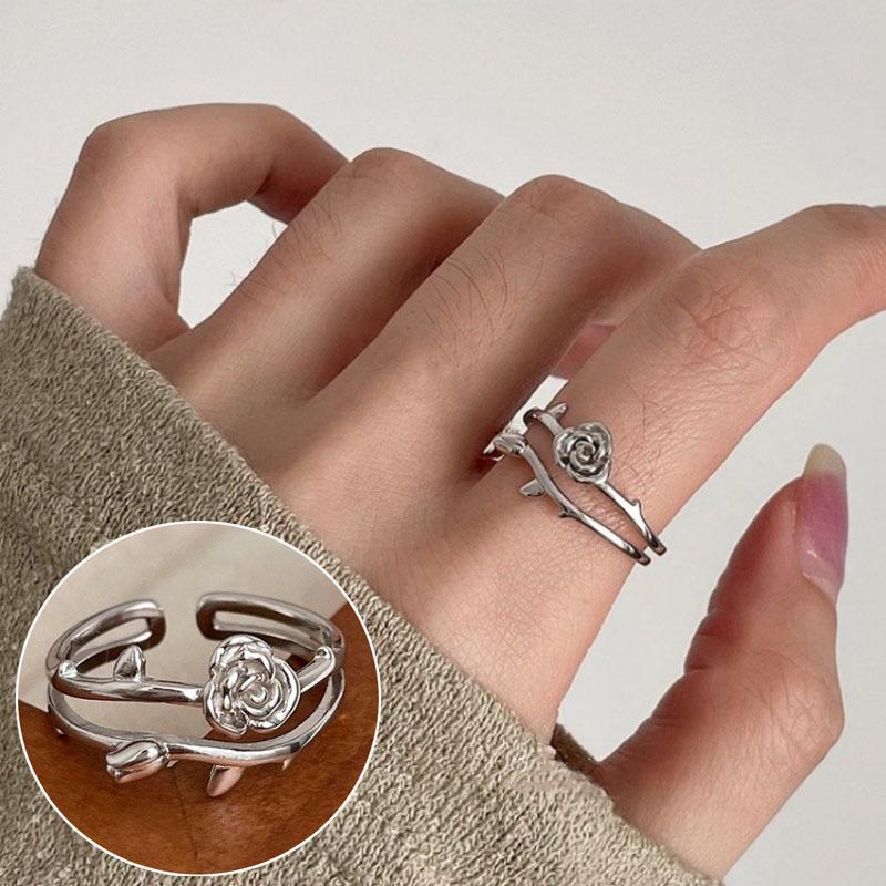 Korean S925 Silver Cross Military Flower Ring: Retro, Adjustable, Fashionable Hip-Hop Index Finger Design for Women.