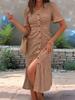 Damen Kurzarm Midi Kleid V-Ausschnitt Mittlere Taille Elegant Einfarbig Gestrickt A-Linie Kleid Knopfleiste Vorne Lässig Sommer Partykleid