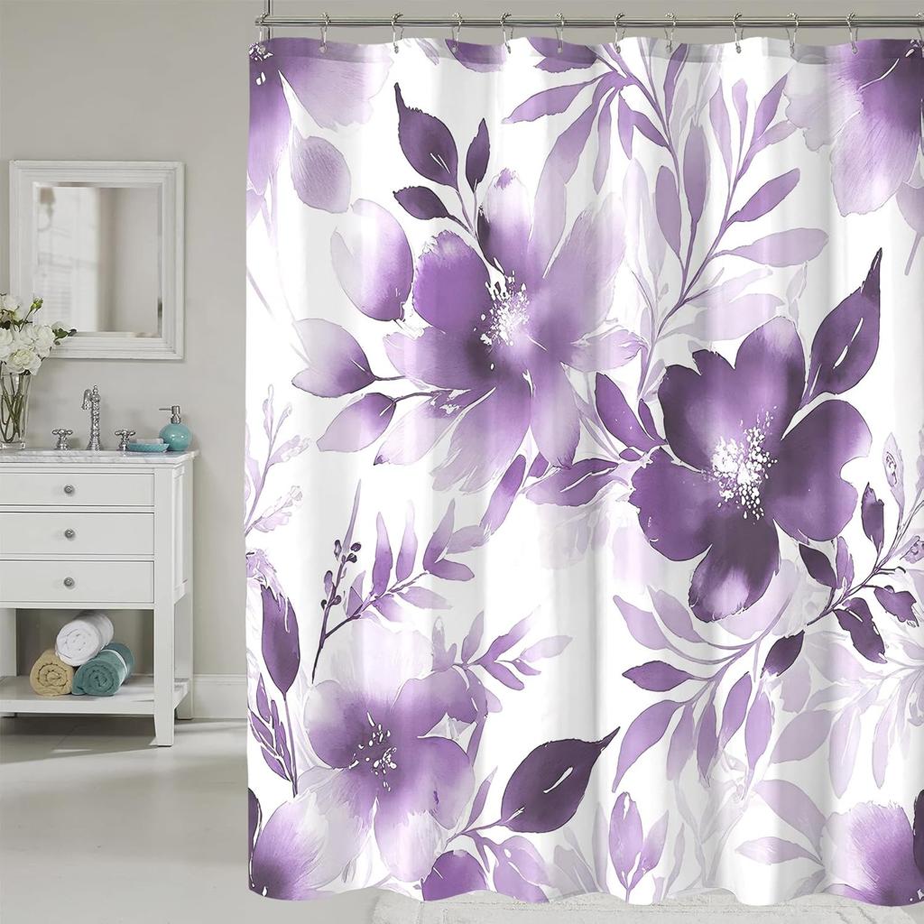 Floral Shower Curtain, Blue Watercolor Flower Shower Curtains For Bathroom, Modern Minimalist Waterproof Fabric Bath Curtain