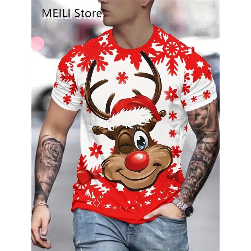 Camiseta Masculina Papai Noel Estampa Gráfica Pulôver Verão Casual Manga Curta Camiseta Engraçada Camisetas Masculinas Natal Roupa Oversized