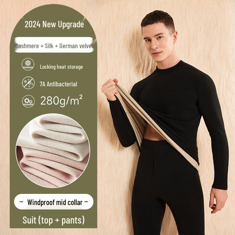 Damen- und Herren-Kaschmir-Seiden-Thermo-Unterwäsche-Set für Herbst/Winter – Warm, verdickt, halbochgeschnitten für Erwachsene