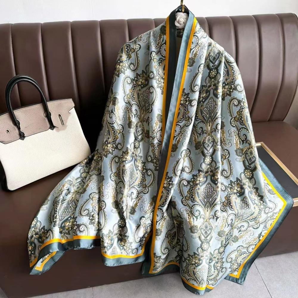 Flower Silk Scarf Shawls Sunscreen Beach Hijab Luxury Satin Neck Scarves  Ladies/Girls