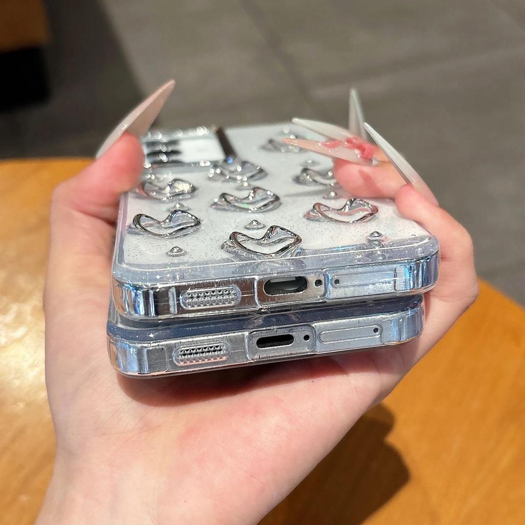 Clear Glitter 3D Silver Love Heart Case For Samsung Galaxy S25 S24 S23 Ultra Plus FE A56 A36 A26 A16 A55 A35 Epoxy Bumper Cover