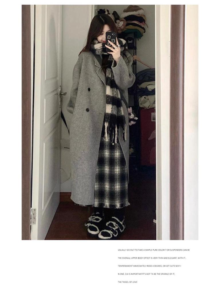 2025 Damski szary wełniany płaszcz: Średniej długości, pogrubione, koreański styl na jesień/zimę