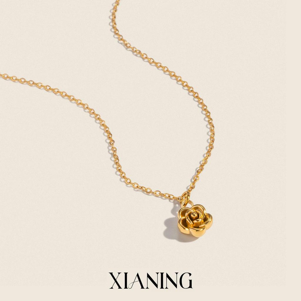 Xia Ling Minimalist Rose Pendant Necklace, Stainless Steel with Long-Lasting Titanium Finish.