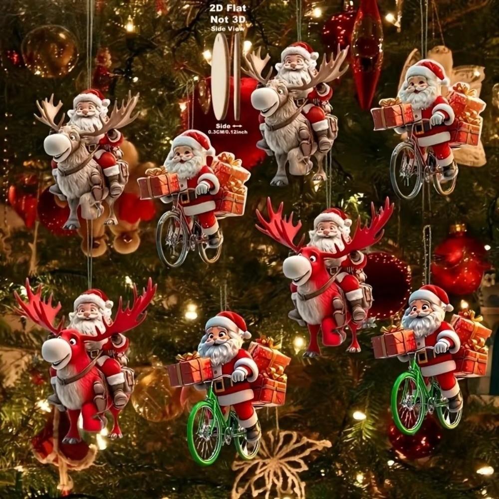 8Pcs Bicycle Santa Claus Xmas Tree Pendant 2D Flat Wooden Ornament Set Christmas Decorations