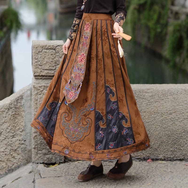 

2025 Етнічний Стиль Жіноча Ретро Вишивка Спідниця Кінське Обличчя, Еластична Талія, Довга Спідниця Великого Розкльошу One Size