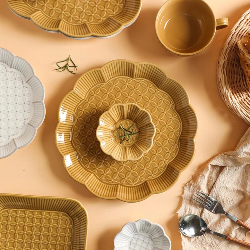 Creative Solid Color Relief Ceramic Plate Fashion Classic Irregular Steak Plates Delicious Dishes Soup Bowls Exquisite Tableware