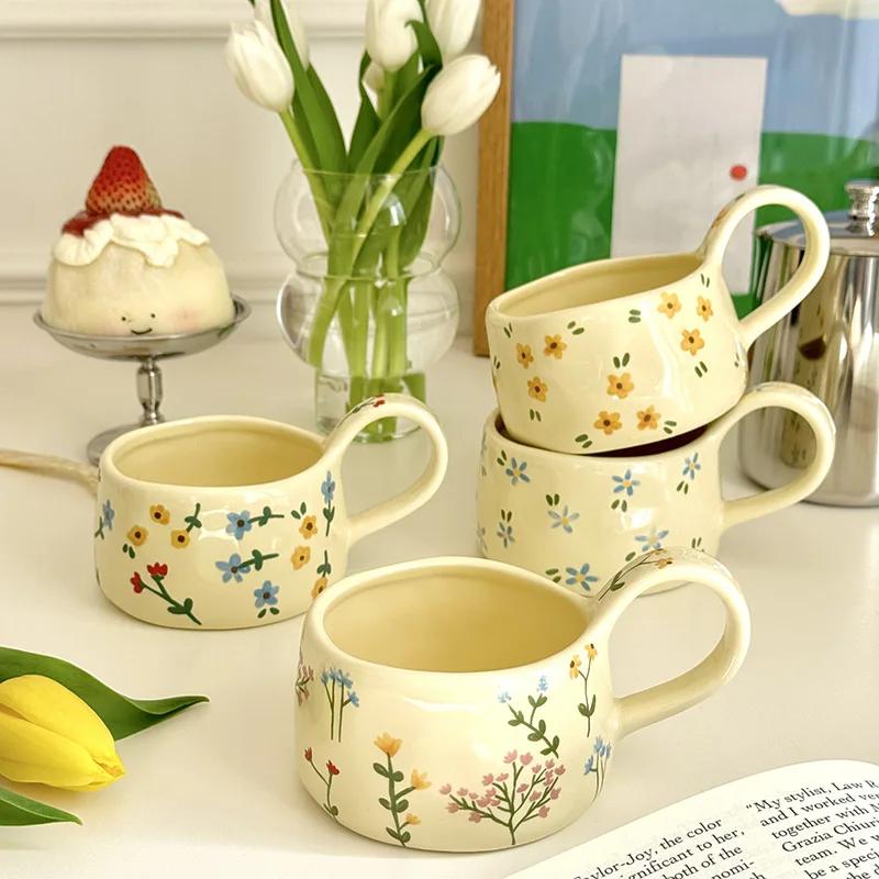 Cream Yellow Ceramic Mug Korean Style Cute Flower Pattern Coffee Cup Hand Pinched Irregular Mug Breakfast Milk Tea Cups Watercup