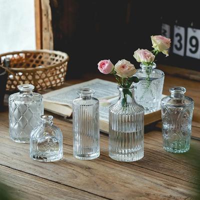 Retro Relief Glass Vase French Transparent Glass Hydroponic Flower Arrangement Mini Vase Home Decoration Terrarium