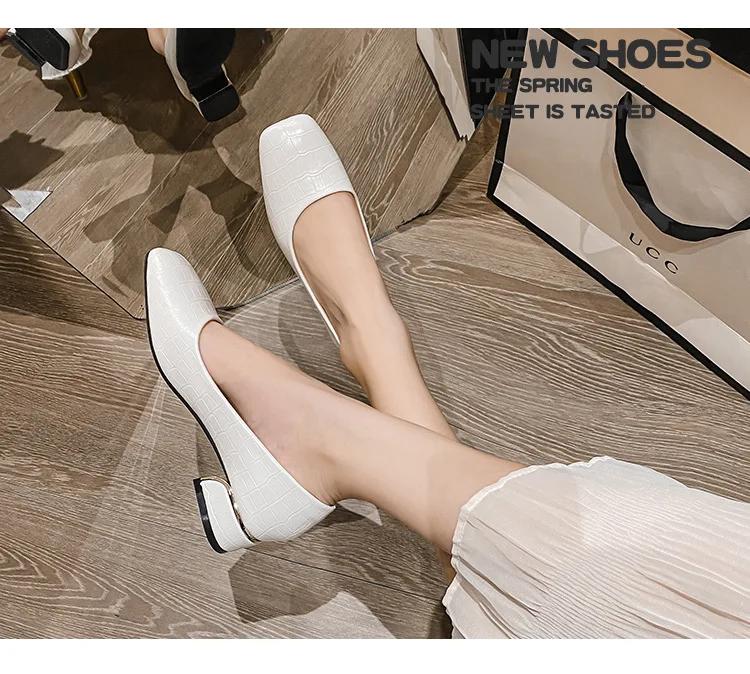 New Women Fashion Pumps High OL Basic Model Stone Pattern High Heels Shoes Ladies Square Toe Leather Casual Boat Shoes