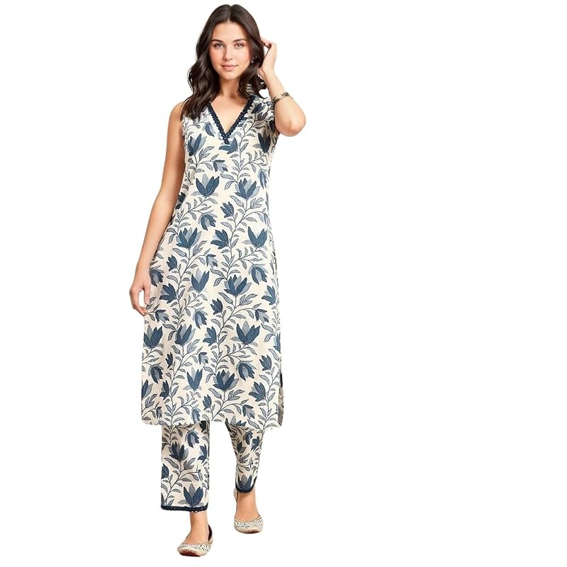 Rytras Ensemble Kurta Droit Imprimé en Coton pour Femmes et Pantalon(, )