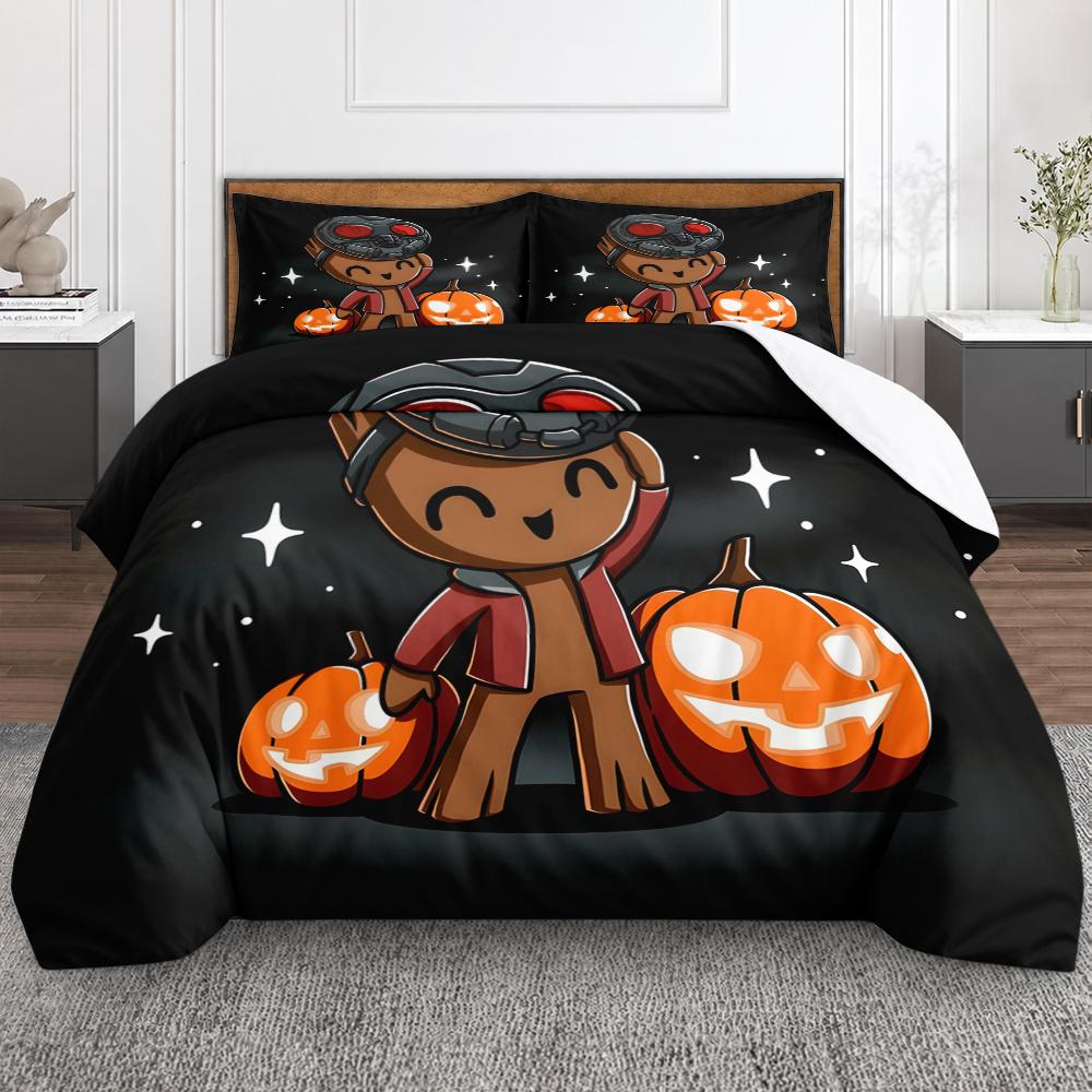 3 Piece Bedding Set Baby Groot Holding Star Lord Mask Halloween Pumpkins Duvet Cover Set, Cute Holiday Marvel Bedding for Kids Bedroom Decor