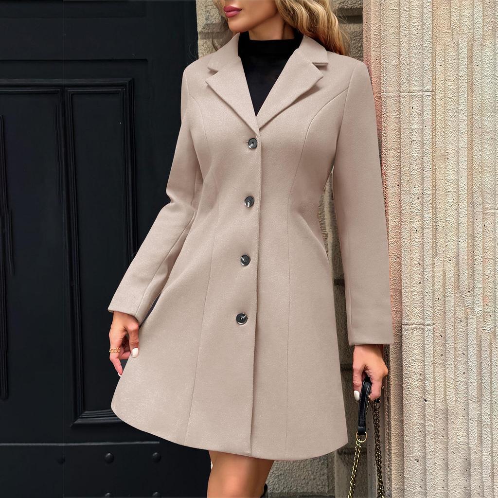 2026 New Women's Lapel Collar Wool Blend Coat, Slim Fit Solid Color Long Trench Coat, Versatile Autumn Winter Overcoat