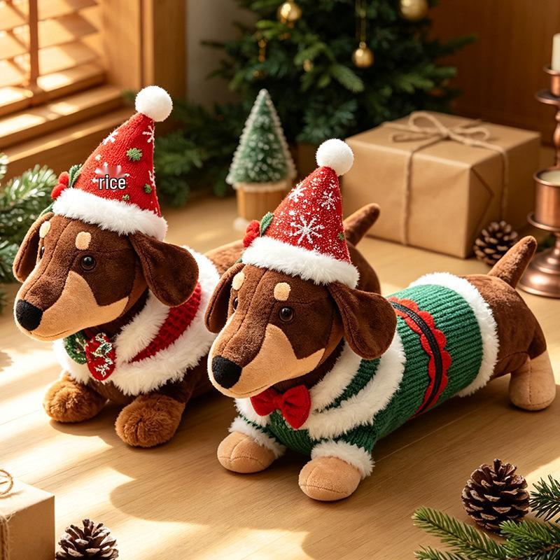 Creative Dachshund Dog Plush Christmas Figurine Ornament for Home Decoration