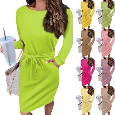 Damen Casual Fashion Sexy Rundhals Langarm Taille Einfarbig Kleid