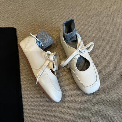 Versatile Little White Shoes Women's Hollow Lace-up Single Shoes Retro Square Head Flat Bottom Comfortable Mary Jane Shoes