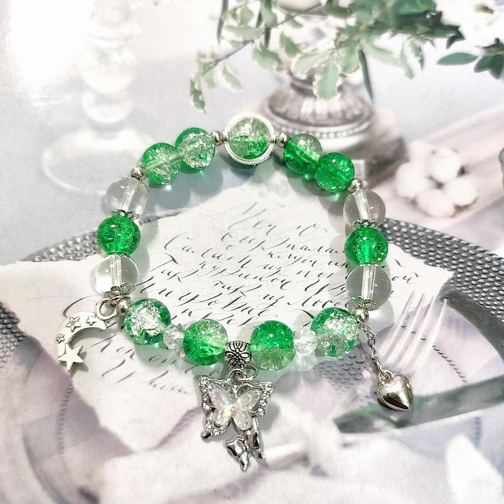 New Women's Mori Style Butterfly Glass Bracelet with Colorful Crackle Beads