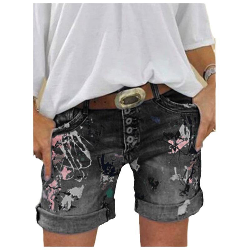 Pantaloncini di Jeans Elasticizzati da Donna a Vita Alta Taglie Forti con Stampa a Bottoni