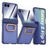 For Samsung Galaxy Z Flip 7 with Built-in Screen Protector,Ring Holder Hinge Protection Shockproof Rugged Case Translucent Matte Cover-Blue