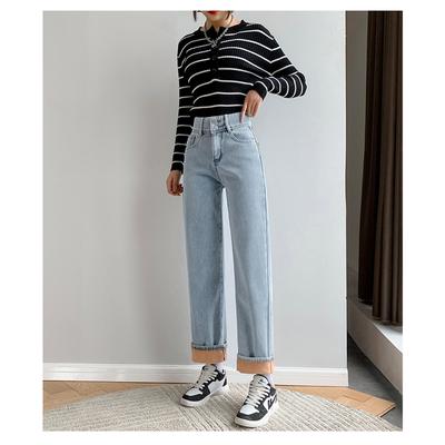 Jeans vintage da donna a vita alta invernali spessi e caldi Jeans streetwear a gamba larga Pantaloni in denim femminile Pantaloni larghi in denim con mamma dritta
