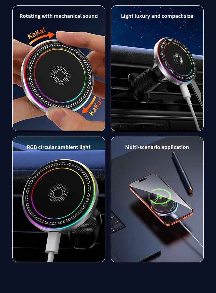 Adjustable LED Magnetic Wireless Car Charger for iPhone 15 Holder