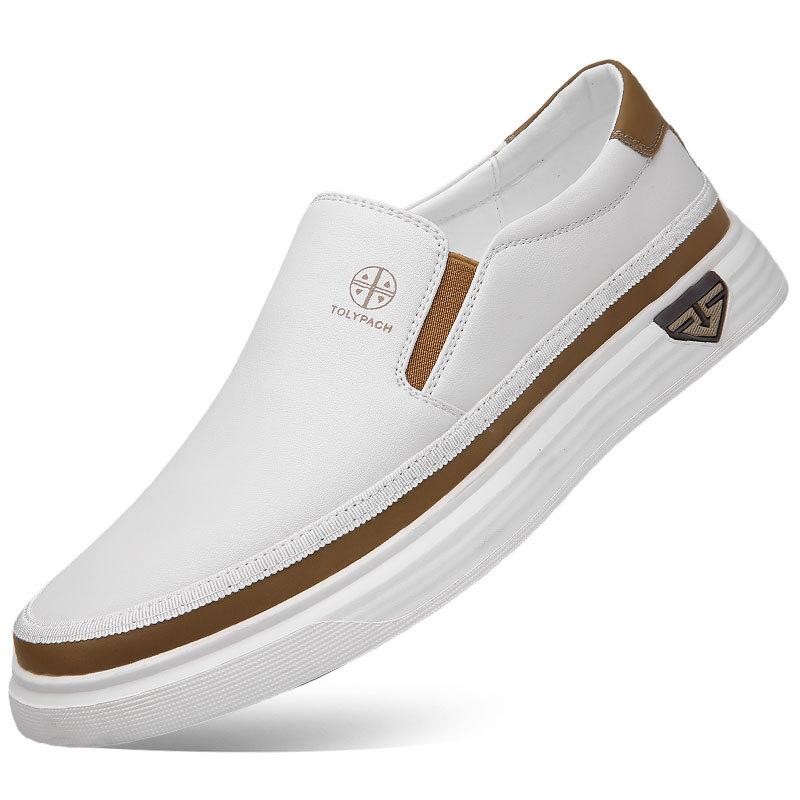 New 2025 Men's Genuine Leather Casual Sneakers Spring Summer Fashion Slip-On White Shoes Soft Sole Comfortable for Everyday Wear
