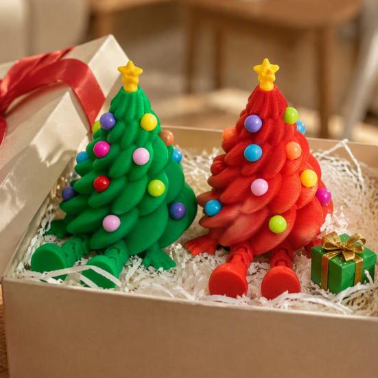 Creative Holiday Table Decor Articulated Christmas Tree Figurine, 3D Printed Movable Joints Colorful Tabletop Ornament, Gifts for Kids Adults Flexible