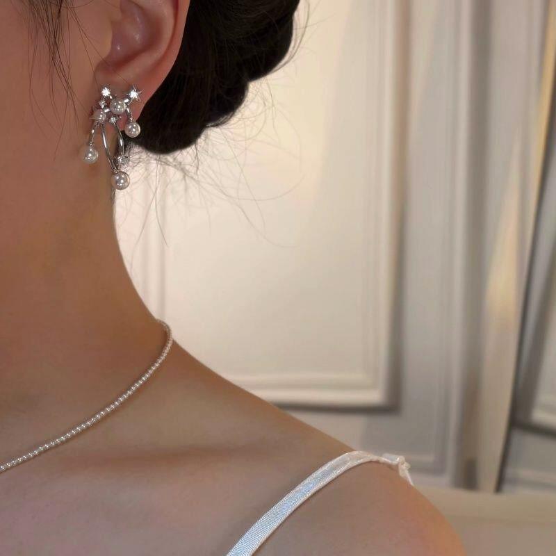 Silver Needle Zircon Star Pearl Pendant Earrings Light Luxury Premium Temperament Earrings Personality Fashion Versatile Earrings Women