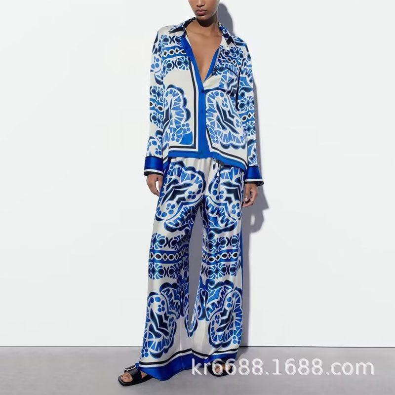 2026 New Spring Women's Clothing Cross-Border European and American Fashion Set Printed Shirt Wide-Leg Pants Set