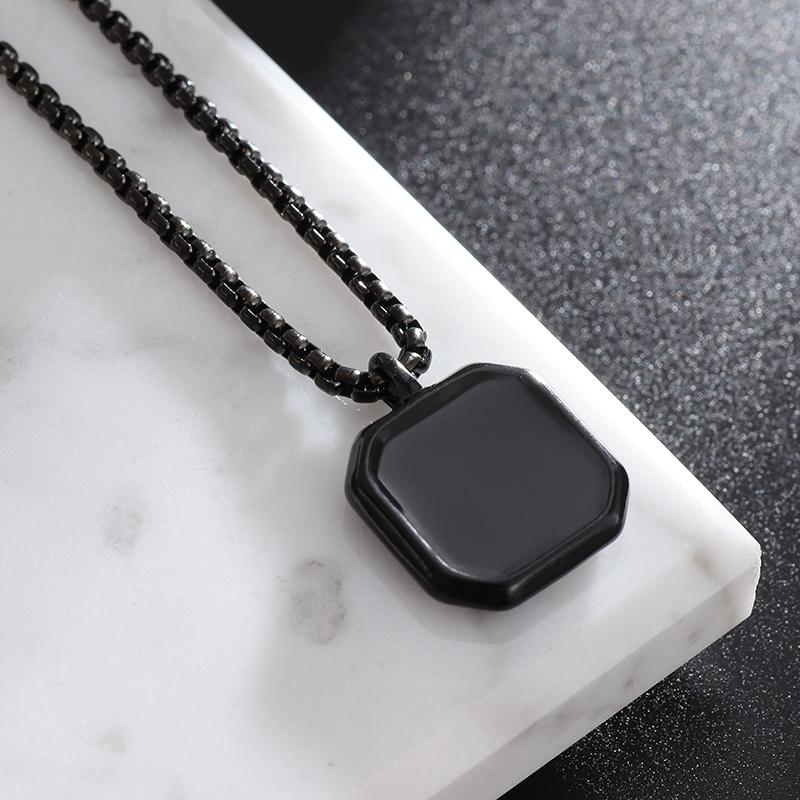 Stainless Steel Classic Geometric Polygonal Black Square Natural Stone Necklace Pendant for Men Fashion Casual Punk Jewelry Gift