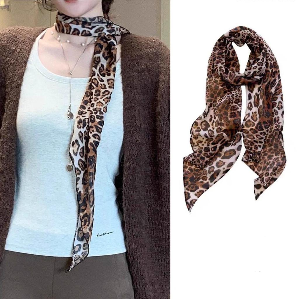 Retro leopard print scarf, women's autumn and winter white atmosphere, versatile shawl, long Hong Kong style silk scarf around the neck