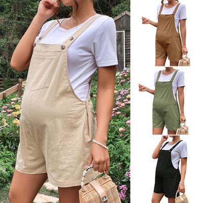 Macacão para gravidez sem mangas, cor sólida, shorts, macacão com cintura ajustável, alças de ombro, bolsos frontais, cor sólida