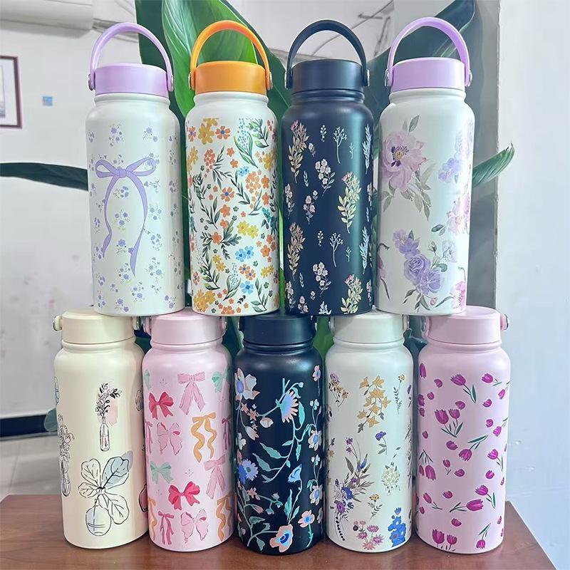 Insulated Water Bottle Floral Printed Stainless Steel Leak Proof Reusable for Office Women Girls Daily Drinking
