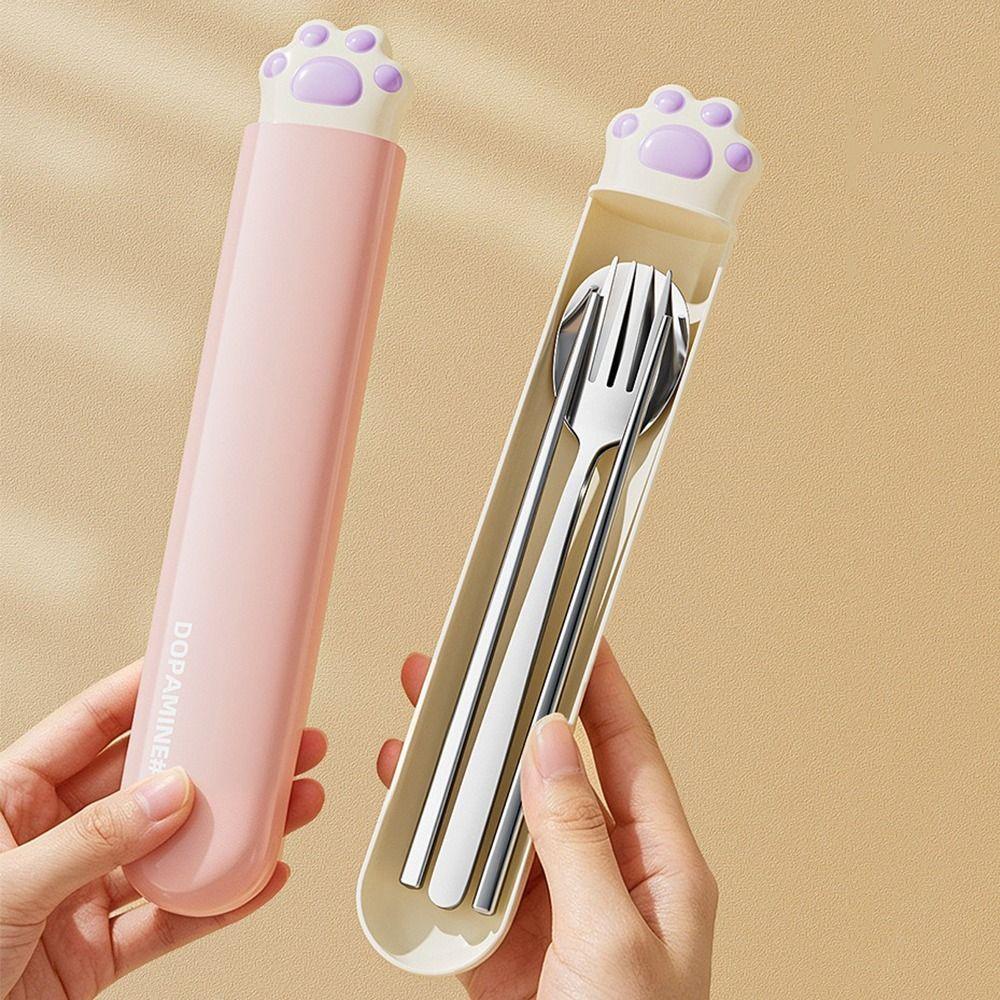 Cat Paw Spoon Fork Chopsticks Set Portable Travel Tableware Set Stainless Steel Cutlery Set Travel