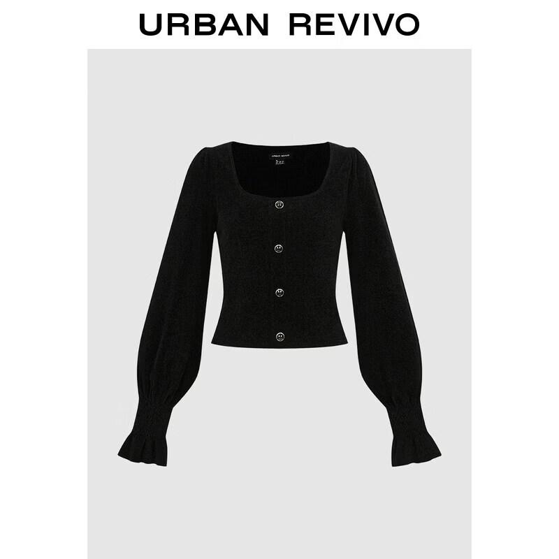 UR 2026 Velvet Puff Sleeve Diamond Buckle Knit Top XL чёрный