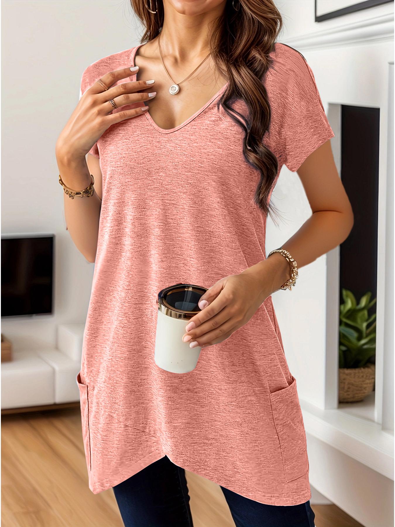 

2025 Spring/Summer Women s Solid V-neck Pocket Casual Fashion T-shirt Top 3X-Large розовый