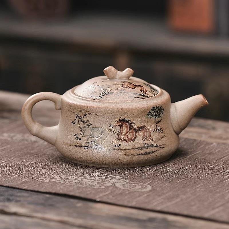 Wykwintny ceramiczny czajnik do herbaty Klasyka Chin Gruboziarnista ceramika Czajnik z uchwytem Ceramika Czajnik z drewna tekowego Czarny Zielony fioletowa glina Zestaw do herbaty z surowej rudy