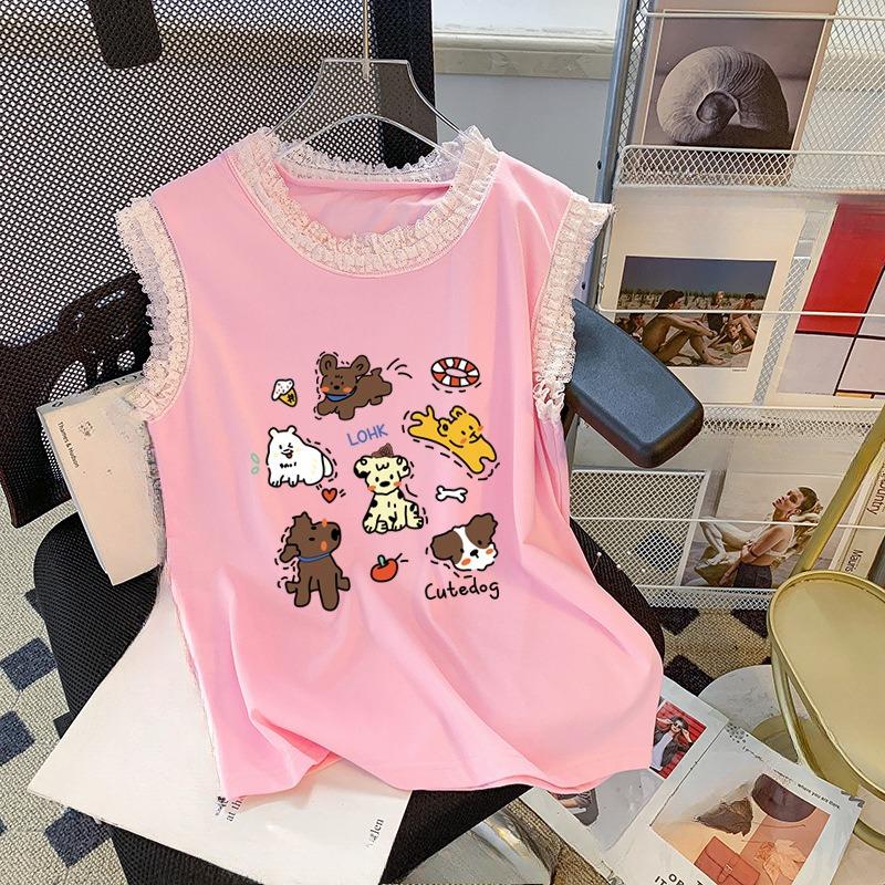 Verão Feminino Nova Era Redução Estilo Preguiçoso Design Sem Mangas Renda Renda Top Fofo