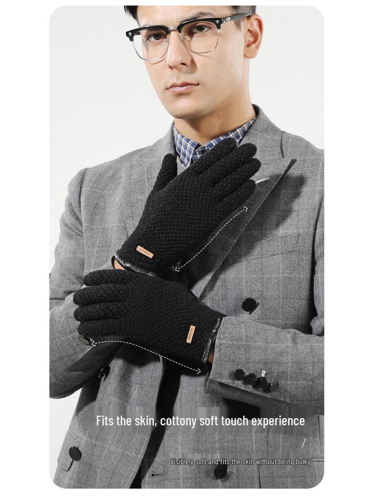 Men's Winter Touchscreen Windproof Knitted Gloves with Leather Wristband - DZ135