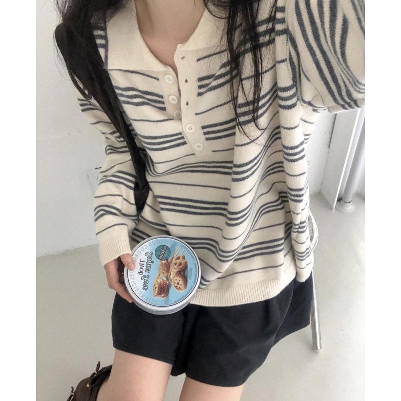 Korean Chic Striped Polo Collar Sweater - Loose Knitwear