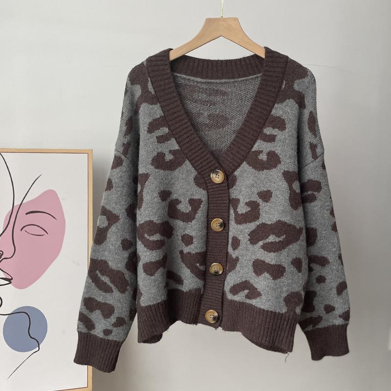 Hirsionsan Myk strikket Leopard Cardigan Dame 2023 Høst Ny V-hals Y2k Crop Dame Genser Oversized Varme Dameklær