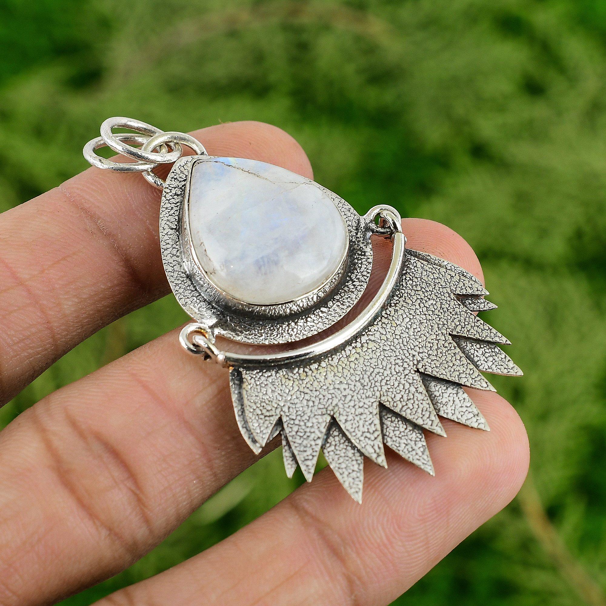 

925 Silver Rainbow Moonstone Stone Bezel Art Deco Wedding Sister Pendant Jewelry