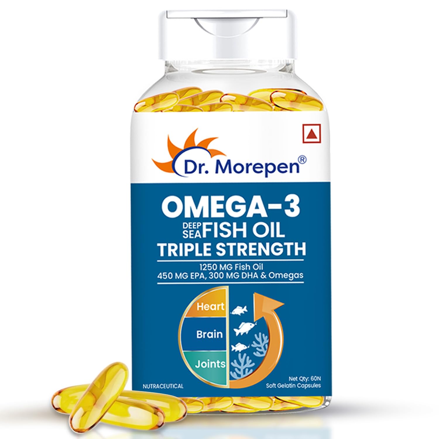 

Dr. Morepen Triple Strength Omega 3 Fish Oil Softgels 450mg EPA For Daily Wellness And Joint Support Pack Of 1 60 Capsules