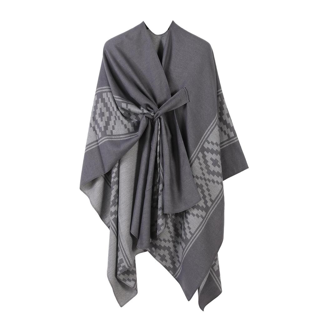 Women's European & American Double-Sided Solid Color Cape Shawl with Striped Edge