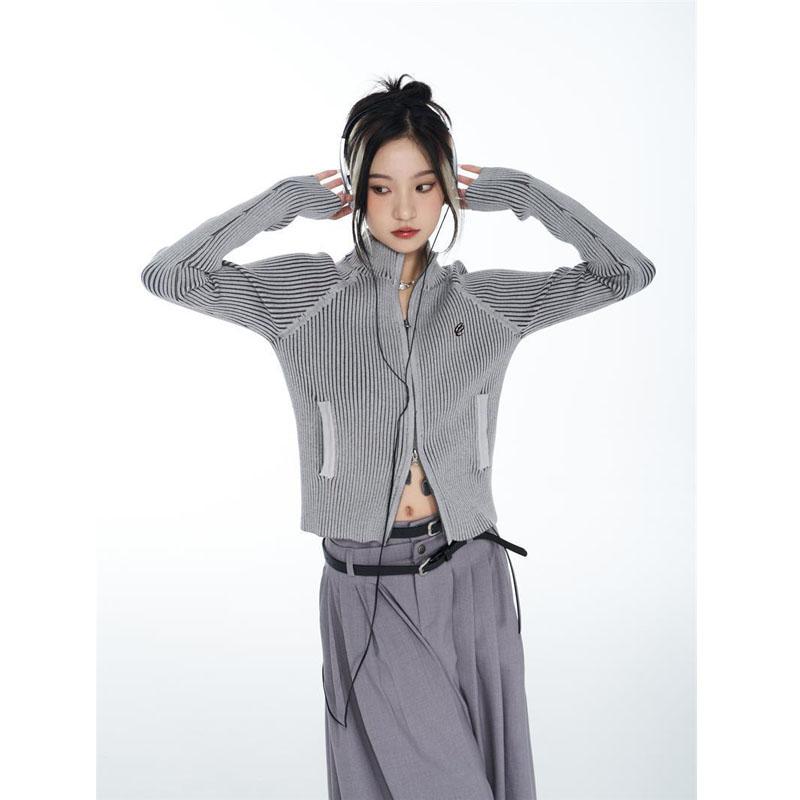 Harajuku Grunge oříznuté svetry Dámské Vintage výšivka Y2k Estetický zip Up Pletený Cardigan Dámské Streetwear Slim