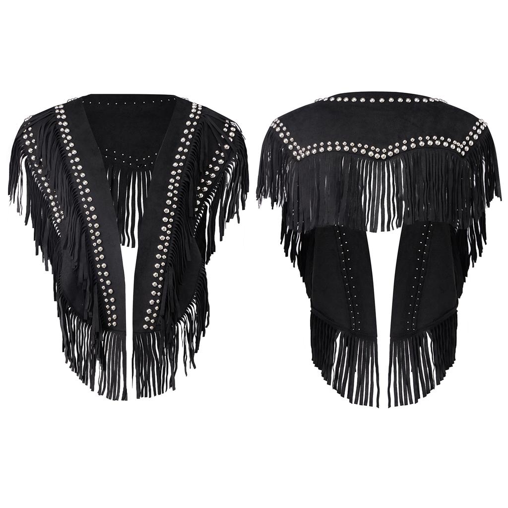 Women's Studded Suede Vest 70s Hippie Outfit Sleeveless Open Front Tassel Vest Collar